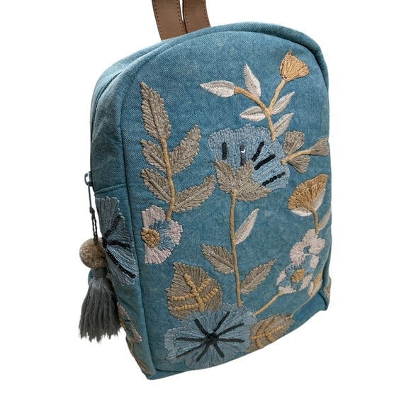 CROSSTREE LANE Floral Embroidered and Sequined Chambray Denim Backpack Purse - Picture 14 of 15